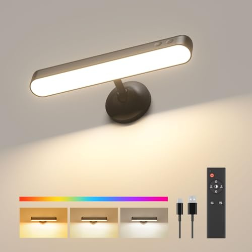 PopoIron Lámpara de pared con batería recargable de 7500 mAh, lámpara de pared LED para dormitorio con mando a distancia, 3 colores, lámpara de pared inalámbrica, rotación de 360°, intensidad