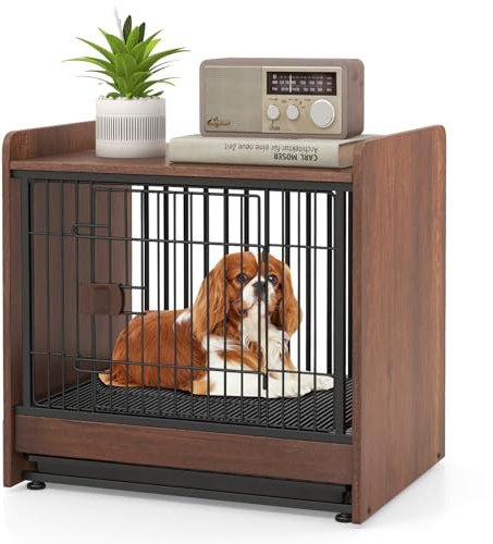 GYMAX Cage Chien Intérieur, avec Plateau Amovible Inférieur de Hygiène, Porte Verrouillable, Patins Réglables, Niche pour Animaux de Petite et Moyenne Taille, Style Industriel, 62×49,5×61 cm