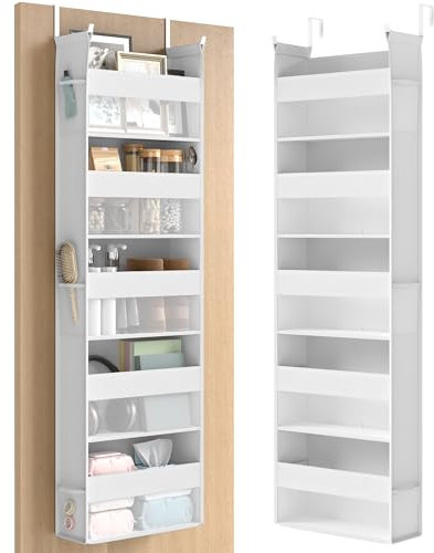 SONGMICS Over the Door Organiser, Hanging Door Organiser with 5 Large Pockets, 5-Tier Fabric Storage, Transparent Nylon Mesh, Foldable, Metal Hooks, with Side Pouches, Cloud White RDH007W01