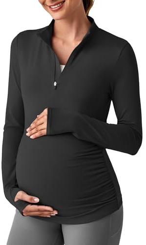 G4Free Maternity Workout Tops Long Sleeve UPF 50+ Sun Shirts Ruches Soft Half Zip Pregnancy Rash Guard with Thumbholes Active(Black,M)