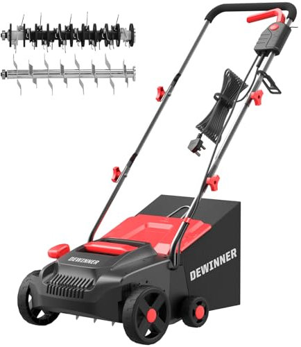 DEWINNER 1500W Lawn Scarifier and Aerator, Electric Scarifiers for Lawns with 2 Interchangeable Rollers, 4 Adjustable Positions, 30L Grass Box, 33CM Working Width, 10M Power Cord
