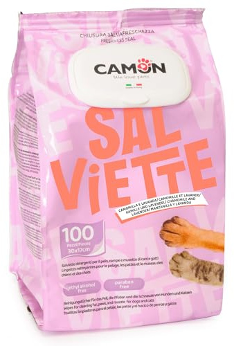 CAMON | Salviette Detergenti per Cani e Gatti, 30x17 cm, Confezione da 100 Salviette, Fragranza Lavanda e Camomilla, Senza Alcool etilico né Parabeni, Made in Italy