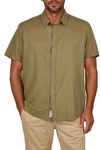 riverso RIVEmilio, camicia da uomo a maniche corte, vestibilità normale, per il tempo libero, estiva, in lino, tinta unita, bianco, beige, blu, verde, navy, S, M, L, XL, XXL, 3XL, 4XL, 5XL, Oliva, 4XL