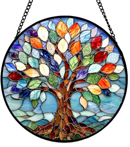 Sonnenfänger Fenster Lebensbaum, 9.8 Acryl Suncatcher mit Eisenkette, Handbemalte Fensterdeko Hängend für Wohnzimmer Balkon, Boho Decor Geschenkidee für Einzug und Geburtstag (A)