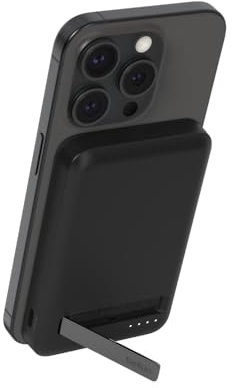 Belkin BoostCharge Pro kabellose Powerbank 5000mAh mit Qi2, MagSafe-kompatibles tragbares Ladegerät mit integriertem Ständer, magnetische powerbank für iPhone 16, iPhone 15, 14, 13, 12 usw. – Schwarz