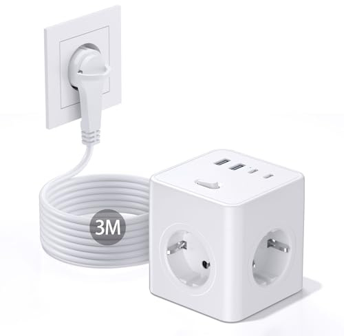 Steckdosenwürfel mit USB,8 in 1 Steckdosenleiste Flachstecker mit Schaltbar,4 Fach Steckdosenleiste mit 4 USB, Mehrfachsteckdose Power Cube mit Zugring,3M Kabel für Zuhause/Büro/Reisen,Weiß
