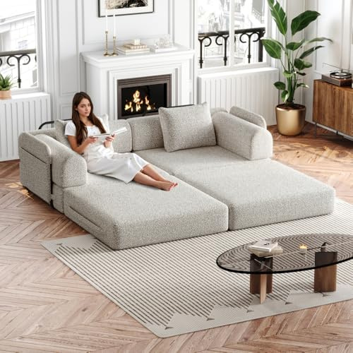Vepssder Canapé Convertible 2 Places avec Rangement d'accoudoir,Trois Cadres en métal,Canapé lit,canapé 2 Places en Chenille (Kaki + Chenille + 2 Seat)