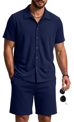 Aseniza Pijamas Hombre Verano Conjunto Corto de Algodón Dos Piezas Camiseta Manga Corta con Botones y Pantalón Shorty Ropa de Dormir para Hombre Azul Marino XL