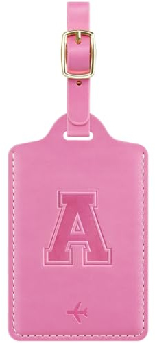 Luggage Tags for Suitcase Embossed Personalized Initial Letter A Travel Tags with 3 Replaceable Name Cards Leather Privacy Bag Tags Travel Essentials Backpack Tags for Women Girls Teens, Pink A