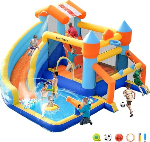 SportBob Hüpfburg Kinder mit Wasserrutsche und Gebläse, Hüpfburg XXL für Kinder Indoor & Outdoor mit Fußballtor, Wasserbüchse und Basketballkorb, Wasserpark für den Kinder Garten Geburtstag Party