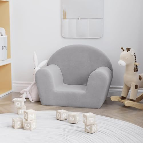 Kaloriko Sofá infantil de felpa suave gris claro, 57 x 34 x 45 cm, con funda extraíble y relleno de espuma para bebés y niños pequeños para jugar y relajarse