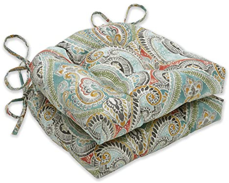 Pillow Perfect Paisley Indoor/Outdoor Chairpad with Ties, Reversible, Tufted, Weather, and Fade Resistant, 15.5 x 16, Blue/Multi Pretty, 2 Count