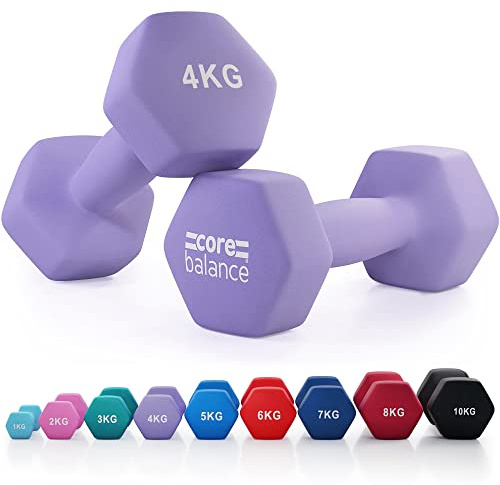 Core Balance 4kg Dumbbell Pair Hex Weight Neoprene Coated Cast Iron Strength Training (Purple)