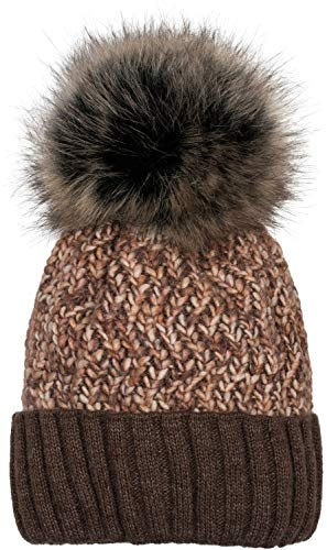 styleBREAKER Colorido Gorro de Punto con pompón de Mujer con Forro Polar térmico, Gorro de Invierno con pompón de Pelo, Pelo Artificial, Hecho en Polonia 04024169, Color:Marrón-Beige