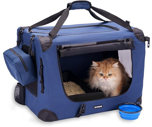 Prutapet Large Cat Carrier 24x16.5x16.5 Soft-Sided Portable Pet Crate for Car Traveling with Collapsible Litter Box and Bowl