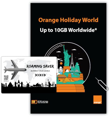 Tarjeta SIM prepago Orange Holiday Worldwide con 20 GB por 30 días en 4G/LTE | Tethering Permitido | Llamadas y SMS | Incluye Soporte SIM + Pin (SIM Internacional, Asia, América, Europa)