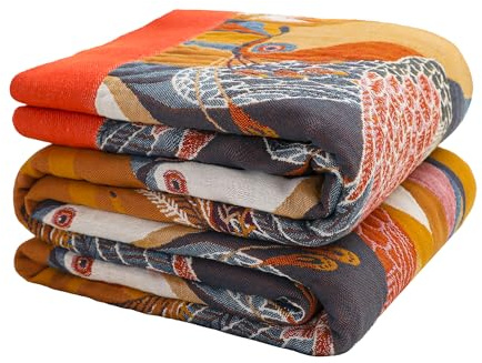 VANJOROY Dubbelsidigt, stort bohemiskt sängöverkast, 100 % ren ekologisk bomull, mjukt, varmt, för fåtölj, 2–3-sitsig bäddsoffa och soffa, 200 x 230 cm, orange