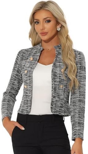 Allegra K Vintage Tweed Jackets for Women's Stand Collar Business Open Front Cropped Blazer Jacket Medium Black
