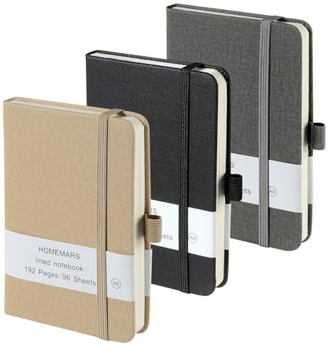 HOMEMARS Notizbuch a6, Notebook, Journal Buch, Notizblock a6, Kleines Notizbuch, 3 Pack, Total 288 Sheets, 576 Pages, Nero, Grigio, Beige, 80 GSM, 9.6 x 14.5cm, Hardcover