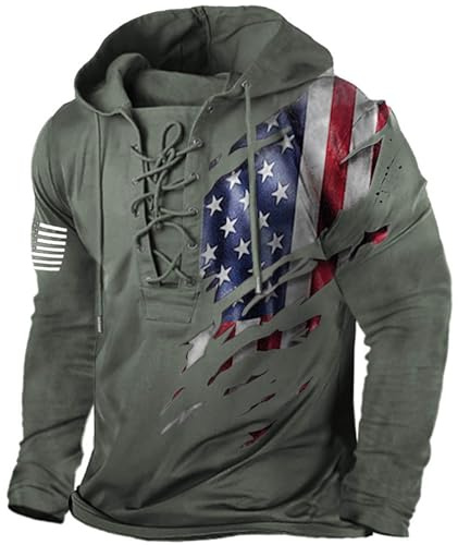 AEGJEGVD Mode Sweatshirt à Capuche Hoodies Homme Manches Longues avec Poche Rétro en Détresse Drapeau Américain Imprimé Pull à Lacets Sweat à Capuche Pull de Travail Homme Hooded Sweat