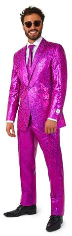 OppoSuits Traje para Hombre, Disfraz de Fiesta de Año Nuevo, Plateado a Cuadros holográficos, Incluye Blazer, Pantalones, Corbata, Rosa Pepino, 54, Rosa Peppy, 56