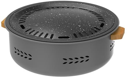 Cuisiland Parrilla portátil de carbón para barbacoa con sartén antiadherente adicional, parrilla Hibachi de mesa redonda estilo coreano y japonés, uso en interiores y exteriores, con ventilación de