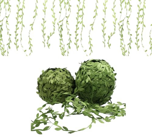 2Pcs Artificial Vines 33 Ft Artificial Ivy Leaf Ribbon Fake Olive Green Vines Trim Jungle Garland green leaves ribbon trim for Wedding Birthday Party DIY Craft Cakes Garden Wall Decoration