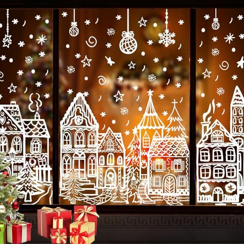 JOLCEEY 4 Sheets Christmas Window Stickers, 15 x 27 Inch Christmas Window Clings Decals Xmas Double-Side Snowflake Snowman Window Clings Decorations for Christmas Window Indoor Decorations