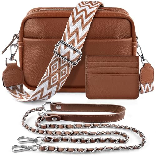 BROTOU Umhängetasche Damen Echtes Leder Crossbody Bag mit 2 Breitem Schultergurt Kartenhalter,Handtasche Leder Handy Umhängetasche Kleine Tasche Damen mit 3 Fächern(Rotbraun)