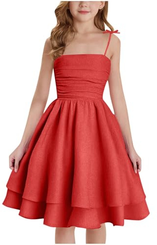 duxyoz Girl's Summer Dresses Spaghetti Strap Swing Pleated Cotton Dress Tween Kids Flowy Front Ruched Boho Beach Casual Midi Sundress for Princess Birthday Party Wedding Prom Gown Red 8-9 Years