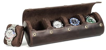 TINMAGI Porta Orologi Uomo, Scatola per Orologio Cilindrico a 4 Slot, Porta Orologi da Viaggio, Custodia Rotolo Portaorologi Portatile Scatola in Vera Pelle, Marrone