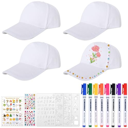 4 Stück DIY Kappe Weiß Baumwolle Baseballcap Kinder Kappen zum Bemalen Sport Baseballmützen für Kinder mit 8 Aquarellstiften Graffiti Kappe Bastelset für Geschenkideen Jungen Mädchen mit Geschenkbox