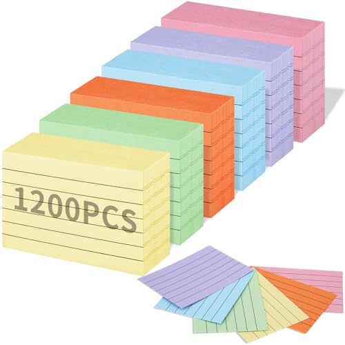 1200 Pièces Fiche Bristol, Fiches Lignées A8, 7,5 cm x 5,2 cm Flash Cards, Cartes d’index, Carte de Vocabulaire pour École Bureau Maison Étude Notes (6 Couleurs)