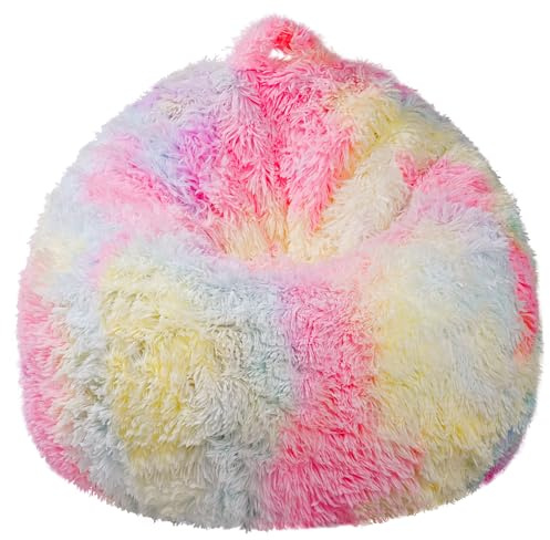 LAHAQIQI Rainbow Shaggy Faux Fur Bean Bag Chair Cover (No Filling) – Stuffed Animal Storage for Kids – Fluffy Tie-Dye Soft Toy Organiser – Washable Bedroom Floor Cushion (70x80cm)