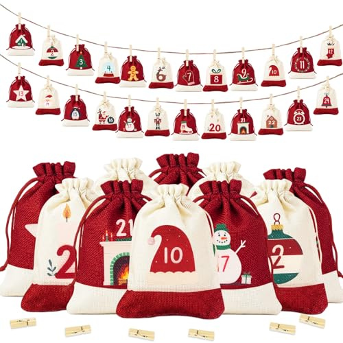 DIY Advent Calendar 2025, Empty Advent Calendar to Fill Yourself - 24 PCS Hessian Bags Wooden Clips Number Stickers Rope, Christmas Gifts Bags for Filling for Christmas Decorations (Style 3)