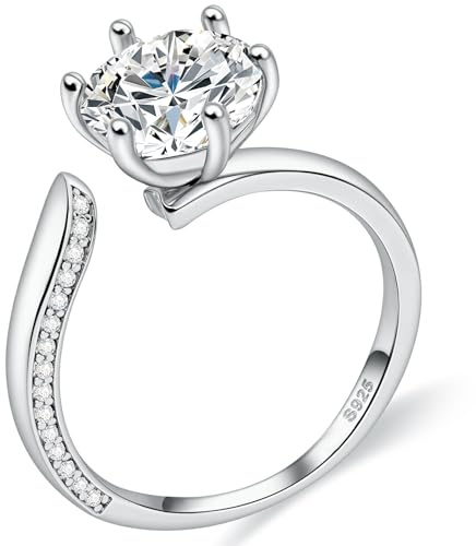 FEIKFEIZ Anello da donna con moissanite, diamante coltivato in laboratorio 1,5 CT, argento 925 placcato oro bianco 18K, anello regolabile ad apertura, anello di fidanzamento, gioiello regalo.