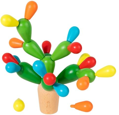 Jeu d'empilage de cactus en bois – Puzzle à empiler multicolore de 10 pouces, segments en bois lisses, structure améliorant l'équilibre, système de jeu d'exploration sensorielle | Empileur de cactus a