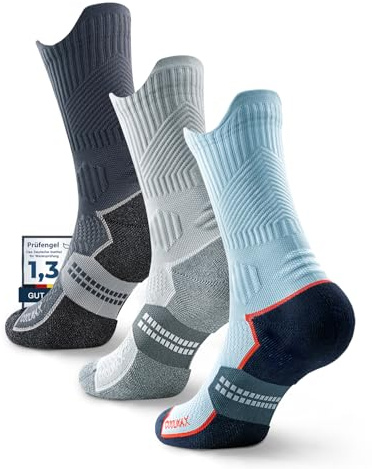 Juclise Calcetines de Compresión Running, Acolchados para Senderismo y Entrenamiento Deportivo (FR/ES, Números, 38, 42, Regular, Regular, Carbón Jaspeado + Acero Jaspeado + Azul Dinámico/Azul Real)