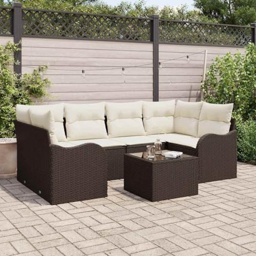 Runheo Ensemble canapé de Jardin 7 pcs en Poly rotin Marron crème avec Coussins modulables, fauteuils d'angle, Banquette et Table en Verre pour terrasse Balcon Patio Jardin extérieur détente