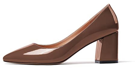 Mettesally Damen Geschlossene Zehe Mittelhohem Blockabsatz Pumps Klassische Sexy Heels für Hochzeit Party 6.5cm Patent Braun EU37