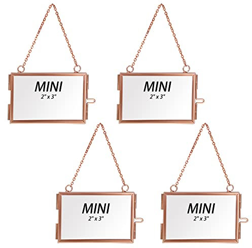SUMNACON Set of 4 Rose Gold Glass Mini Hanging Picture Frames Wall Artwork Display Frame, Decorative Small Photo Frame Horizontal Hanging Ornament for Picture, Artwork, Specimen (3 * 2 inch)