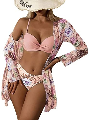 Litthing Damen Bikini Set mit Schalbluse, Push up Verstellbar Crossover Ties-up Neckholder Bikinioberteil Gedruckt High Waist Bikini Bademode Bauchweg Swimsuit