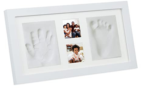 Relaxdays Baby Gipsabdruck Set mit Bilderrahmen, Handabdruck, Fußabdruck & 2 Fotos, Babyabdrücke, HxB: 18 x 35 cm, weiß, Faserplatte, 18 x 35 x 2 cm