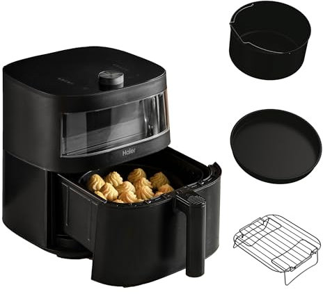 Haier Air Fryer, I-Master Series 5-9-in-1 with Accessory Set - Touch Display - Bake - Roast - Grill - Defrost - Slow Cook - Dehydrate & Yoghurt Making - 7L Capacity - Viewing Window - On App - Black