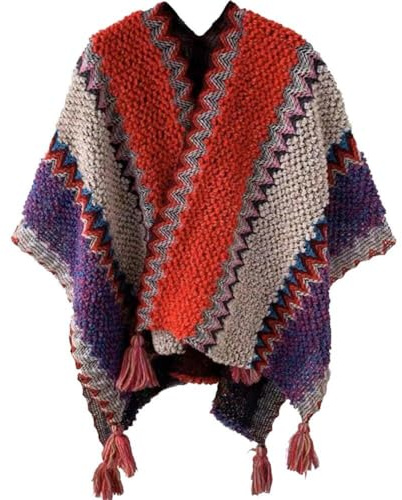Poncho d'hiver pour Femmes Style Ethnique châle tricoté Chaud surdimensionné Cardigan rayé Ouvert sur Le Devant châle Enveloppant
