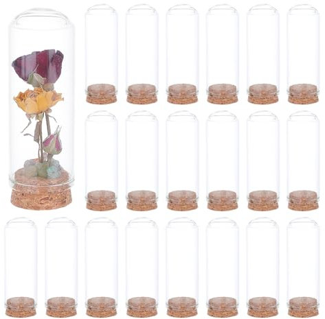 BENECREAT 20Pcs Dome Decorative Jars, 3x8.8cm Glass Display Dome Cloche Glass Bell Jar with Cork Base for Flower Storage, Specimens, Crafts Decorations