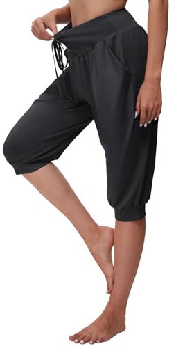 BATHRINS Haremshose Damen 3/4 Yogahose Jogginghose High Waist Caprihose Sommer Pilates Hose Leicht Pumphose Locker Sporthose mit Taschen Kordelzug（Schwarz,L）