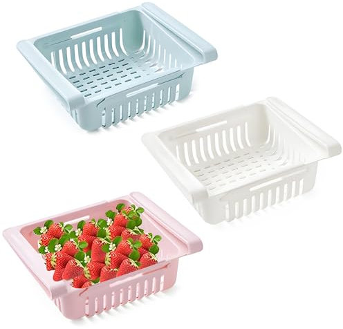 katmerio Kühlschrank Schubladen, 3 Stück Einstellbar Kühlschrank Korb, Ausziehbar Kühlschrank Partition Layer Organizer, Organizer Kühlschrank Aufbewahrungsbox