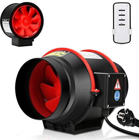 Daromigo Ventilateur tubulaire réglable - 100 mm - 310 m³/h - Silencieux - Avec télécommande sans fil - Pour salle de bain, WC, tentes de croissance, hydroponique, ventilation (noir et rouge)