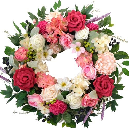CIR OASES 22 inch Spring Wreath Artificial Rose Hydrangea Wreath Spring Summer Front Door Decoration Wedding Birthday Party Holiday Celebration Decoration Wreath